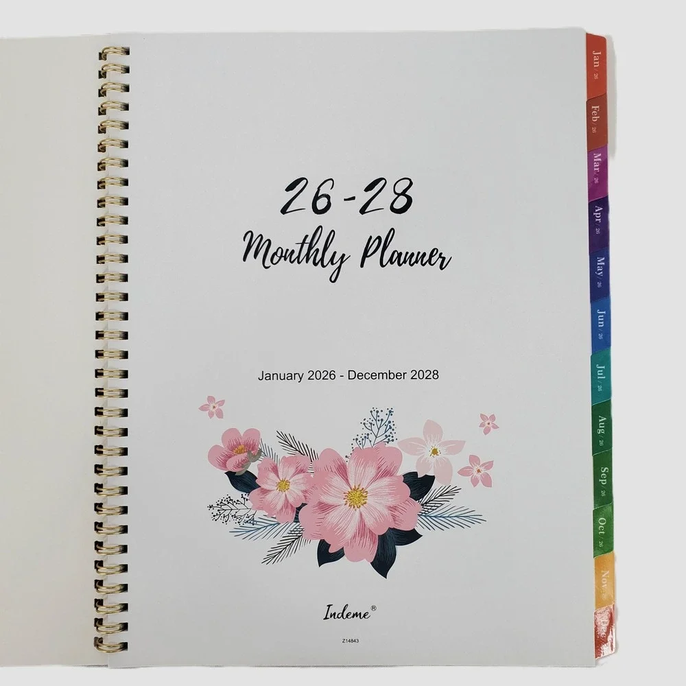 Indeme 2026-2028 3 Year Monthly Planner Navy‎ Pink Floral Spiral Bound Tabbed